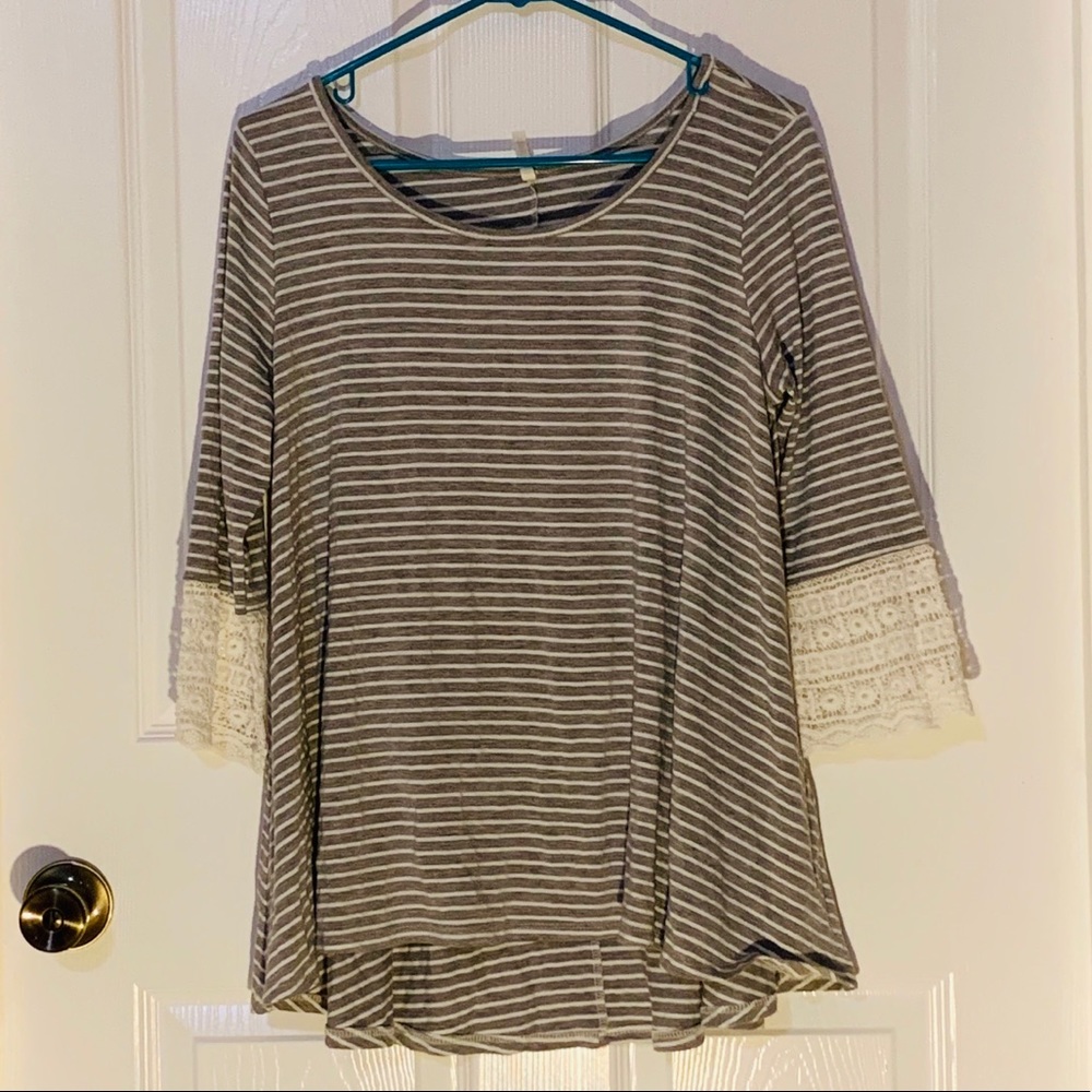 Striped Blouse With Lace Cuffed Sleeves